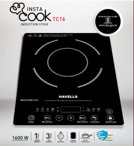 Havells Insta Cook TC 16 Energy Efficent Induction (Black), 1600watt, with 7 Cooking Option, Auto Pan Detection Sensor &3 Year Coil Warranty - ATC Electronics