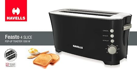 Havells Feasto 4S Pop Toaster - 1350 Watts (Black_Free Size) - ATC Electronics