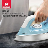 Havells ABS Hawk 1100 Watt Heavy Weight Dry Iron With American Heritage Non Stick Sole Plate, Aerodynamic Design, Easy Grip Temperature Knob & 2 Years Warranty. (Blue & White), 1100 Watts - A