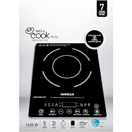 Havells Insta Cook TC 16 Energy Efficent Induction (Black), 1600watt, with 7 Cooking Option, Auto Pan Detection Sensor &3 Year Coil Warranty - ATC Electronics