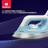 Havells ABS Hawk 1100 Watt Heavy Weight Dry Iron With American Heritage Non Stick Sole Plate, Aerodynamic Design, Easy Grip Temperature Knob & 2 Years Warranty. (Blue & White), 1100 Watts - A