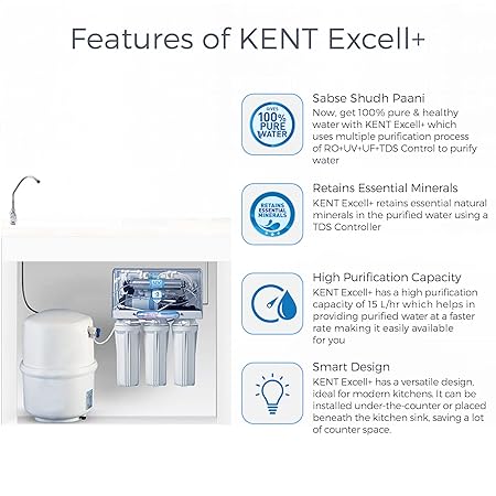 KENT Excell Plus RO Water Purifier (11003) | RO+UV+UF+TDS Controller | Under the Counter | Patented Mineral RO Technology| 7L Storage | 15 L/hr Output | White - ATC Electronics